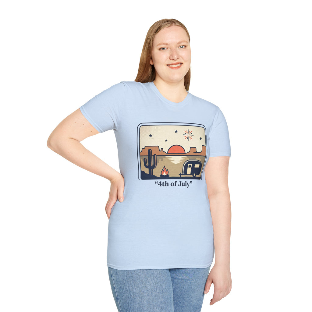 4th of July Retro Desert T-Shirt — Camper, Cactus & Sunset Patriotic Tee