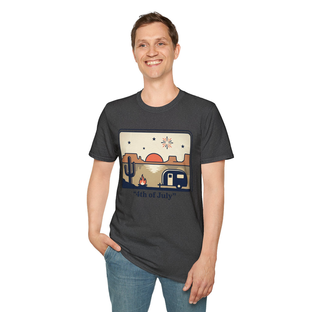 4th of July Retro Desert T-Shirt — Camper, Cactus & Sunset Patriotic Tee