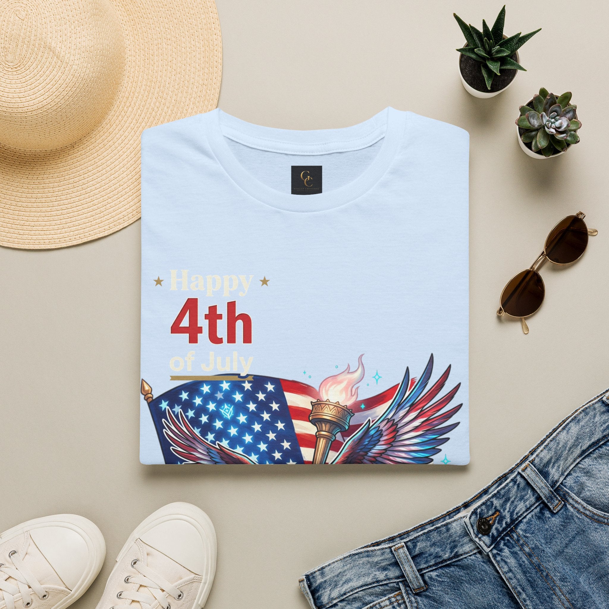 4th of July Eagle T-Shirt — American Flag, Torch & Fireworks Patriotic Tee