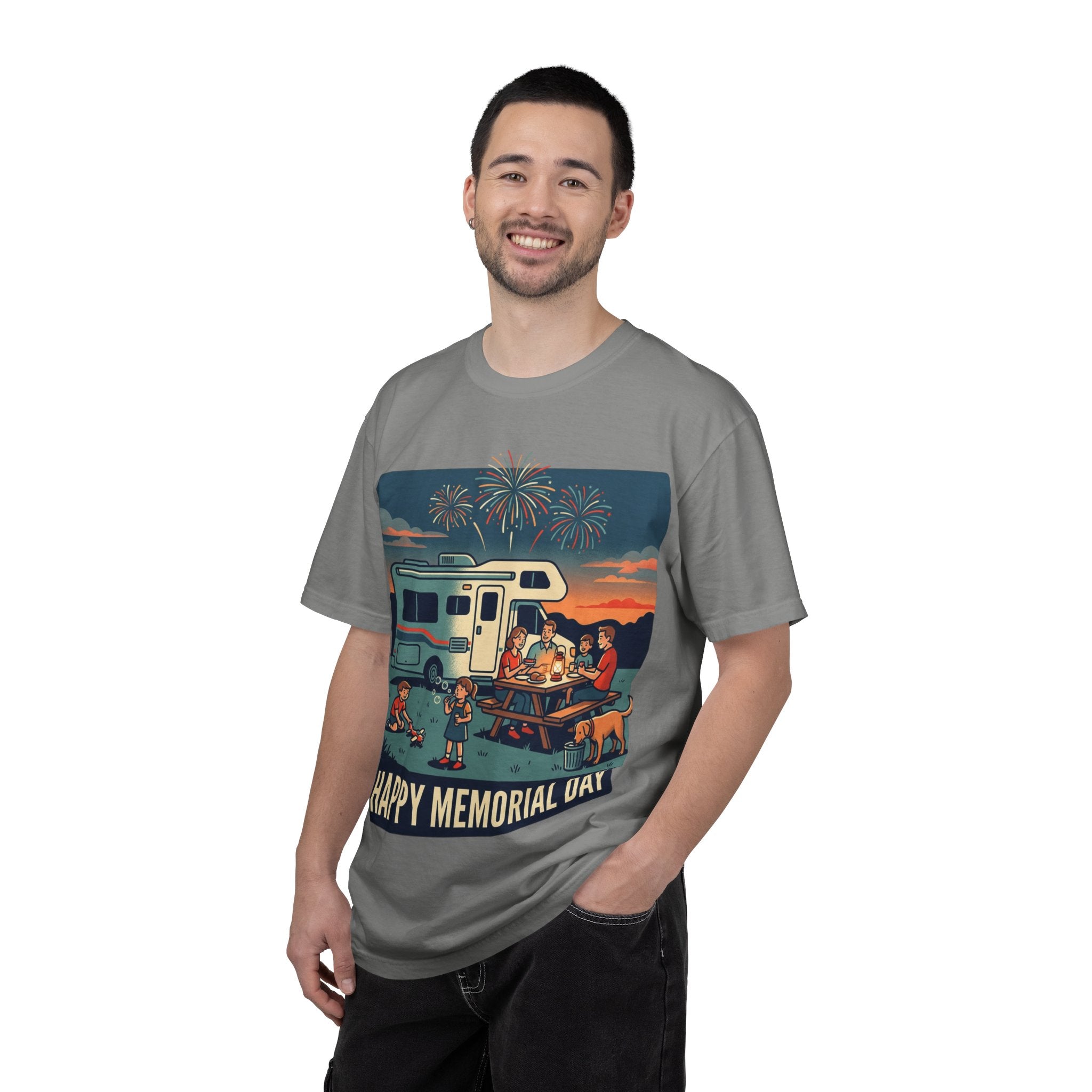 Memorial Day RV Camping T-Shirt – "Happy Memorial Day" Family Campfire Design
