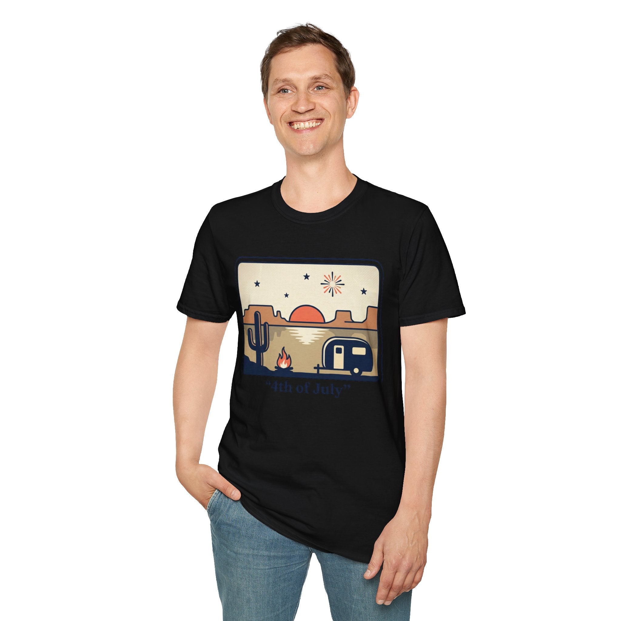 4th of July Retro Desert T-Shirt — Camper, Cactus & Sunset Patriotic Tee