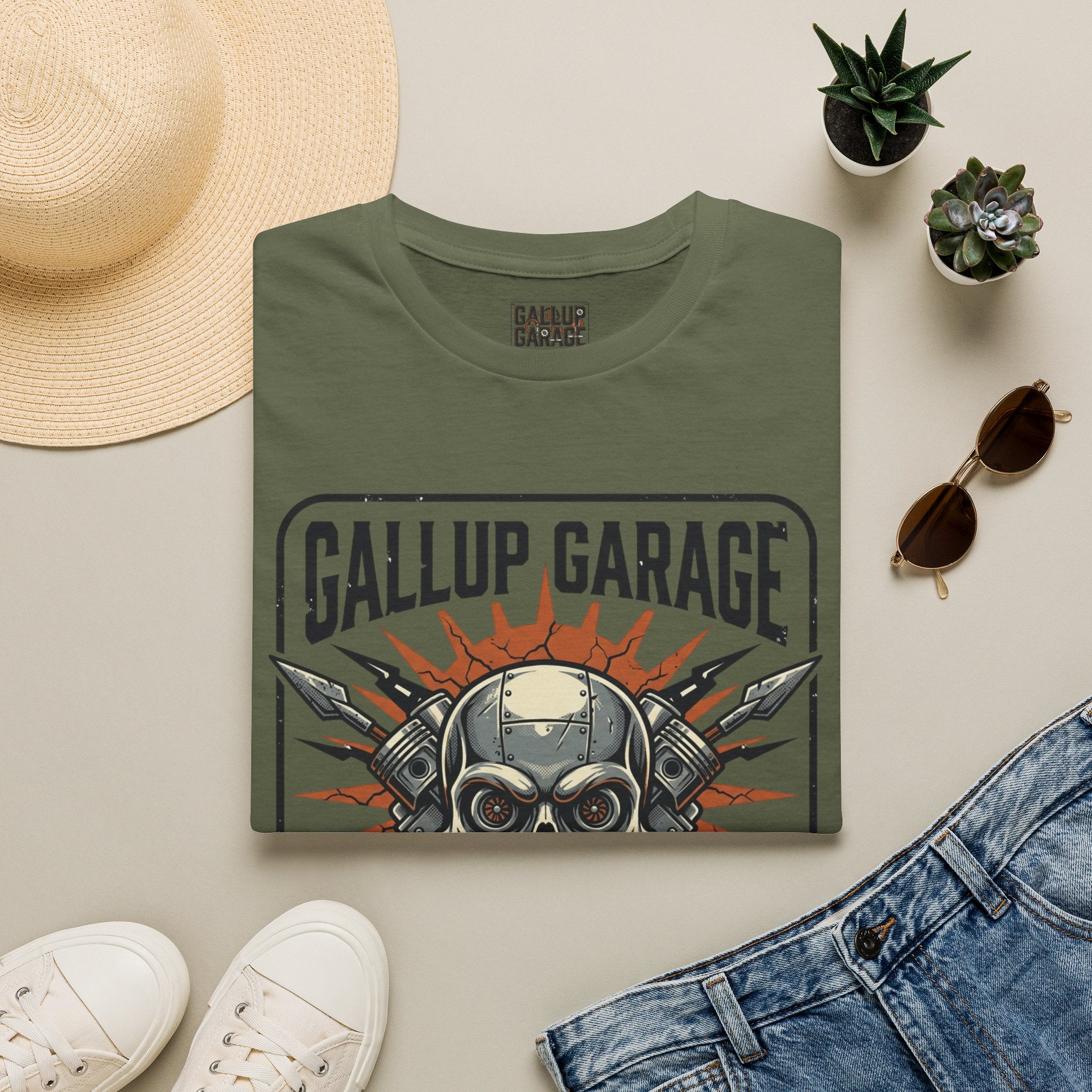 Gallup Garage Skull Tee — Vintage Automotive Mechanic T‑Shirt