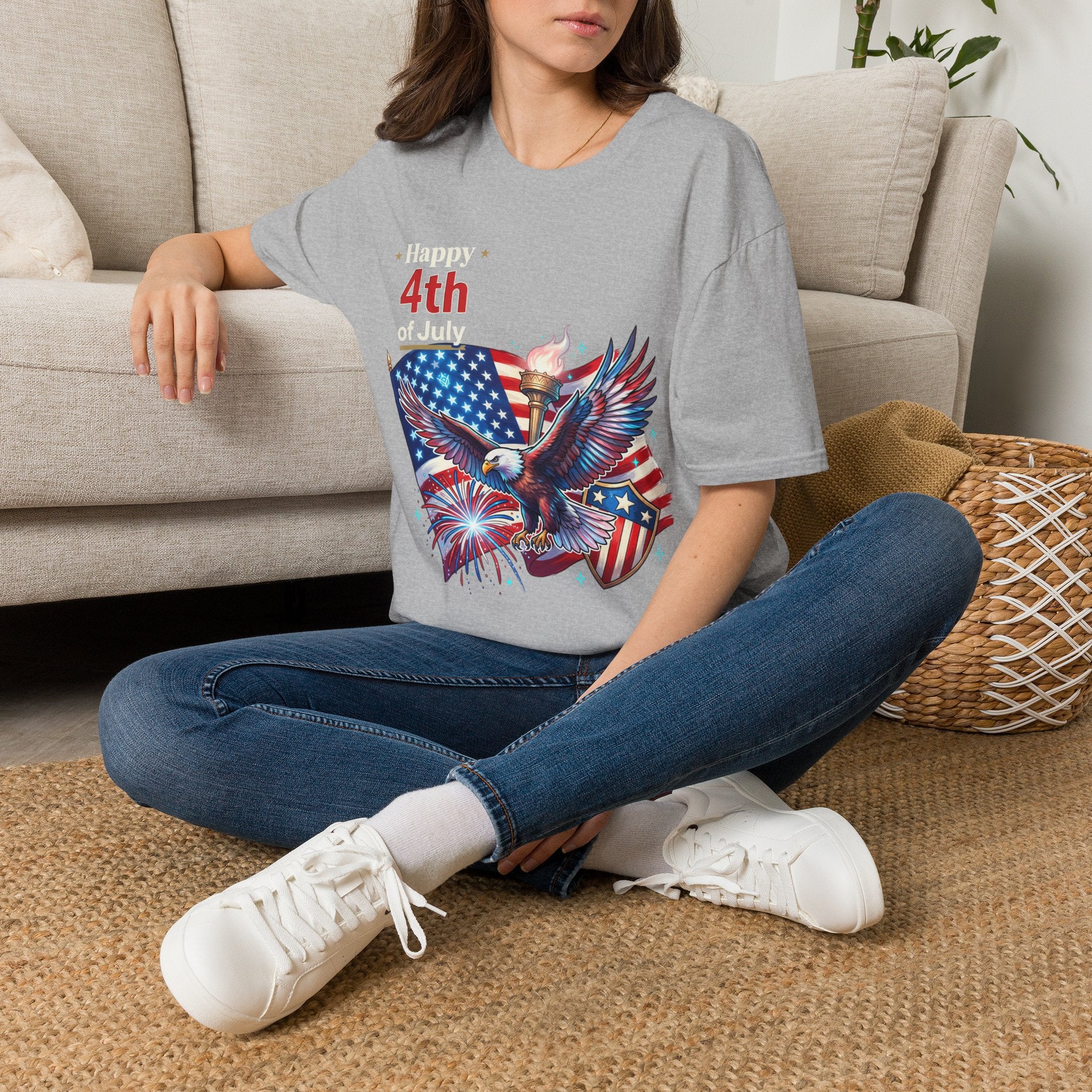 4th of July Eagle T-Shirt — American Flag, Torch & Fireworks Patriotic Tee