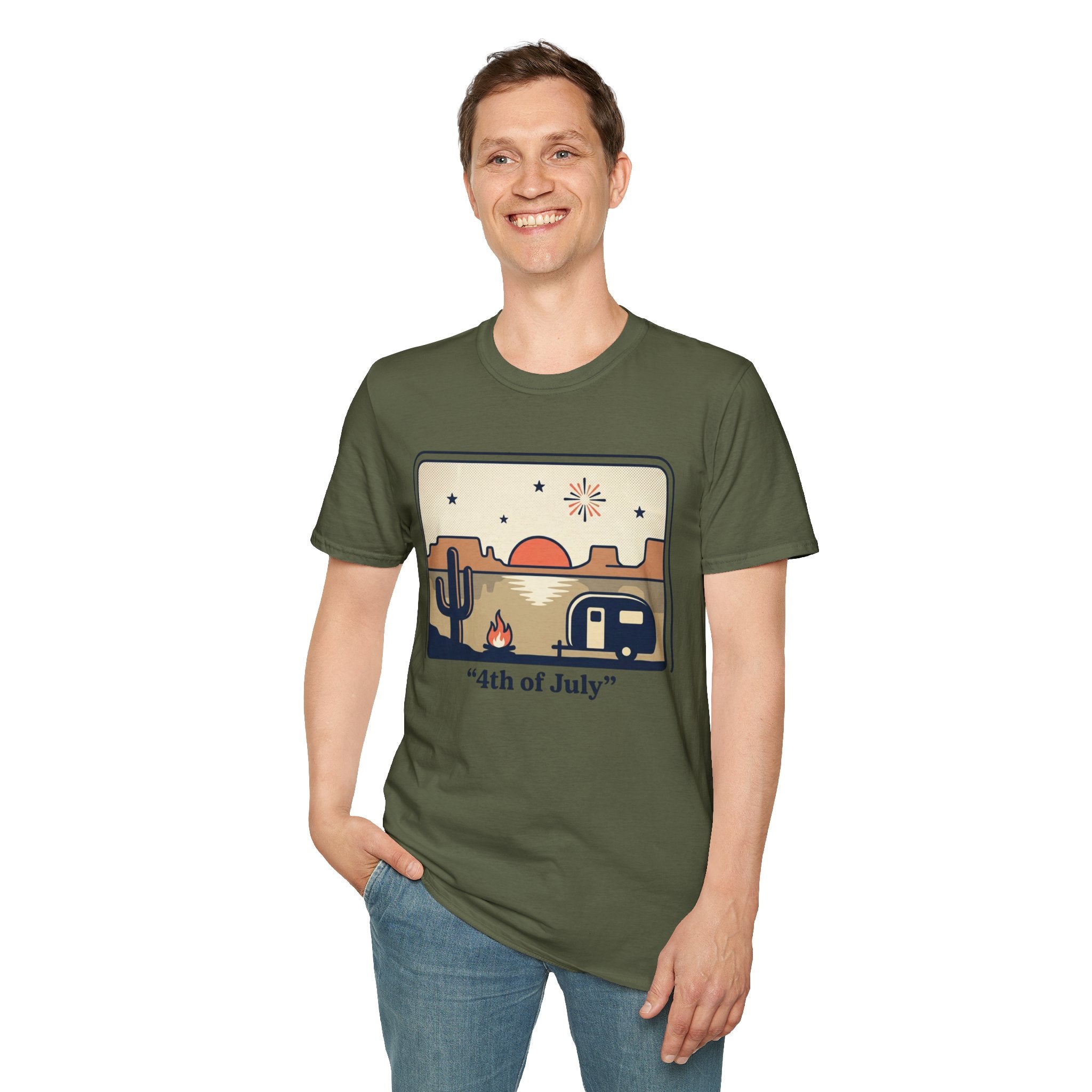 4th of July Retro Desert T-Shirt — Camper, Cactus & Sunset Patriotic Tee