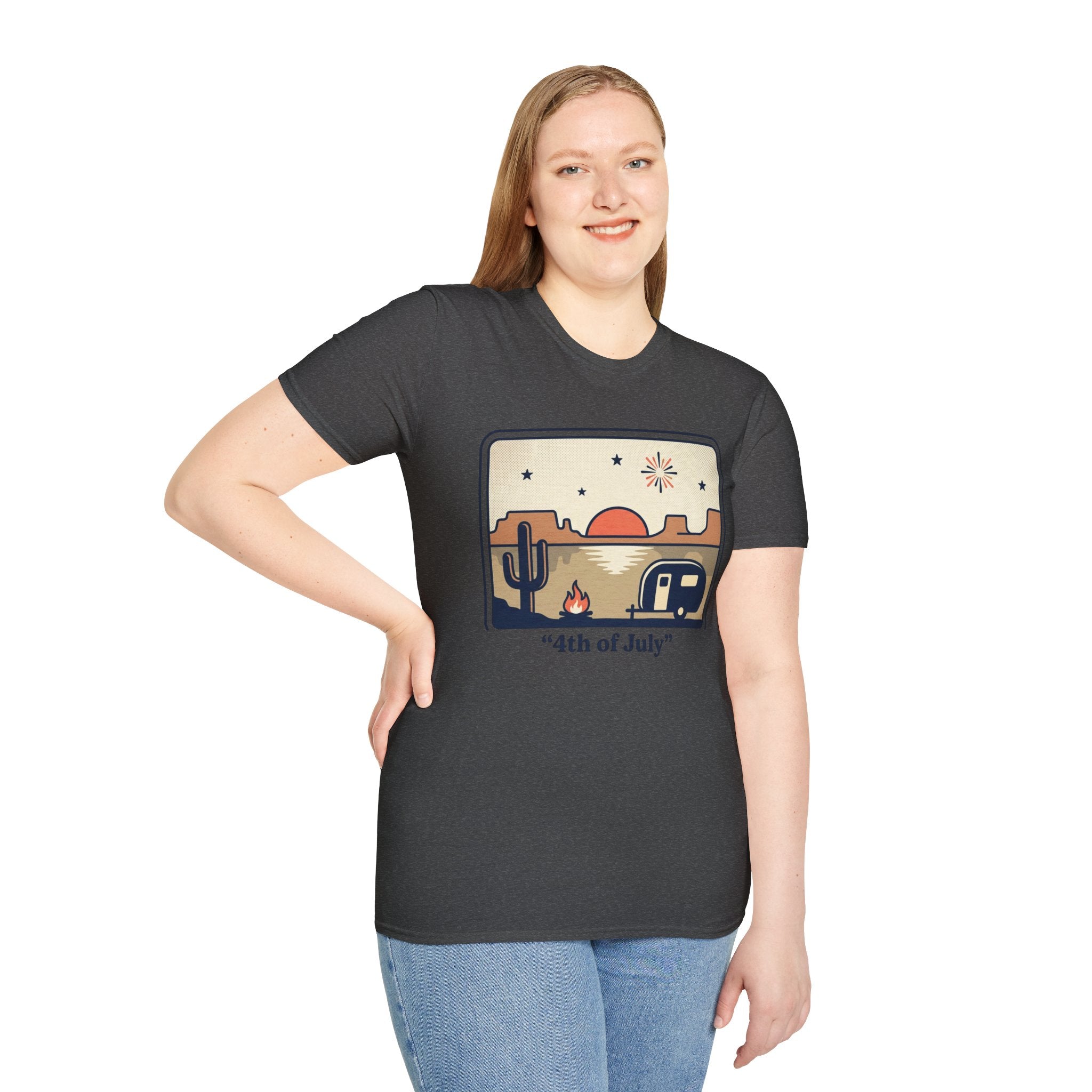 4th of July Retro Desert T-Shirt — Camper, Cactus & Sunset Patriotic Tee